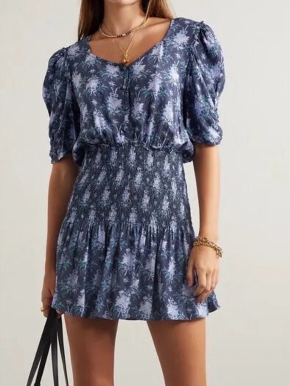 LoveShackFancy Navy Blue Floral Smocked Mini Dress